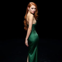 A sexy 22-year-old woman with captivating green eyes and long, fiery red hair stands elegantly with her back to the viewer