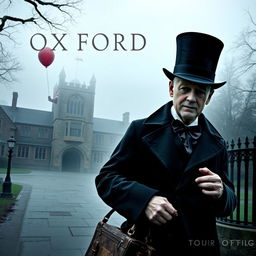 A spooky poster-like image featuring a tour guide outside Oxford University, characterized by a bald head and no facial hair