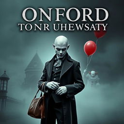 A spooky poster-like image featuring a tour guide outside Oxford University, characterized by a bald head and no facial hair