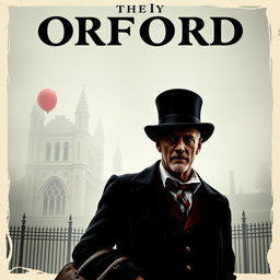 A spooky poster-like image featuring a tour guide outside Oxford University, characterized by a bald head and no facial hair