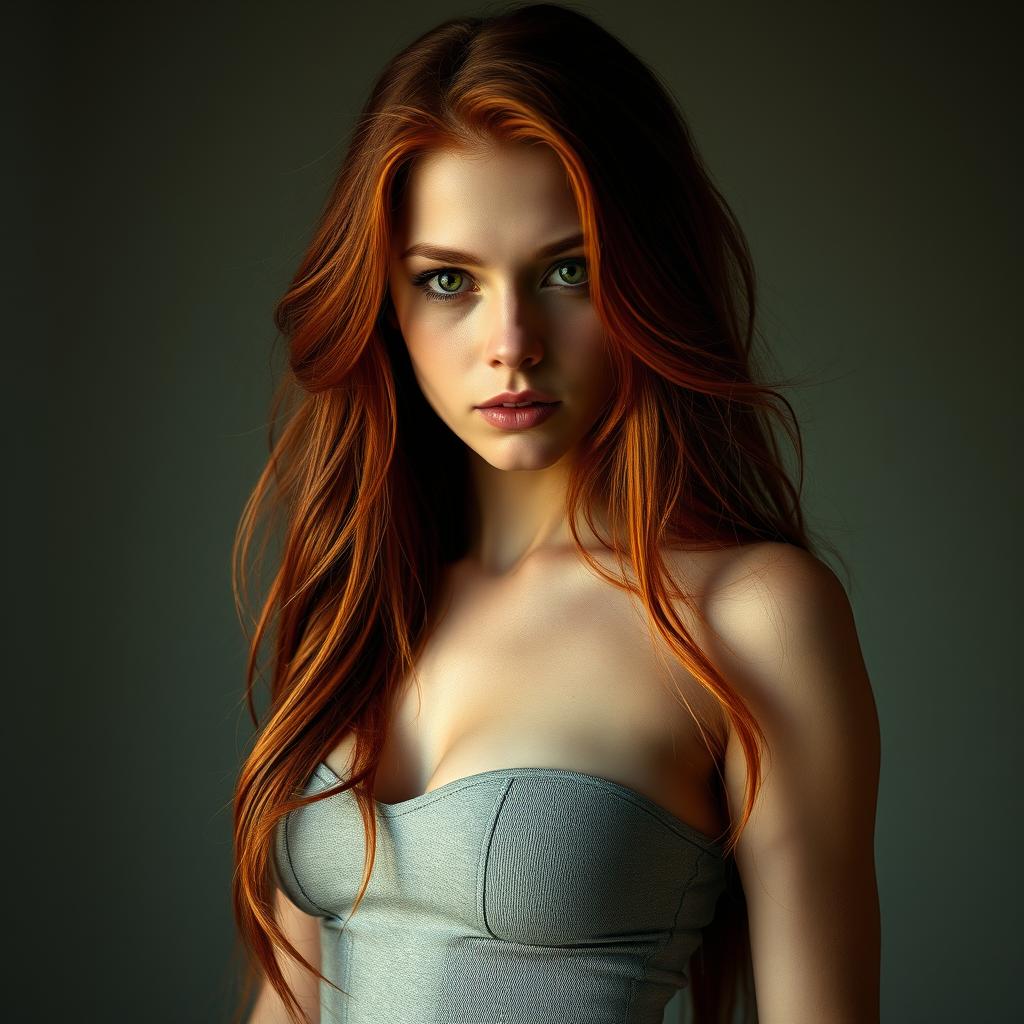 A captivating 22-year-old woman with vivid green eyes and long, fiery red hair stands with a slim and sexy physique