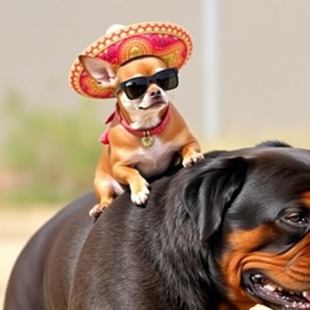 A small Chihuahua wearing stylish sunglasses and a vibrant sombrero, confidently sitting on the back of a robust Rottweiler