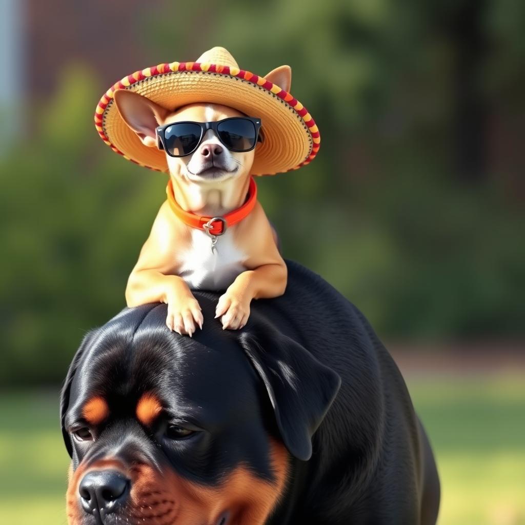 A small Chihuahua wearing stylish sunglasses and a vibrant sombrero, confidently sitting on the back of a robust Rottweiler