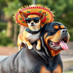 A small Chihuahua wearing stylish sunglasses and a vibrant sombrero, confidently sitting on the back of a robust Rottweiler