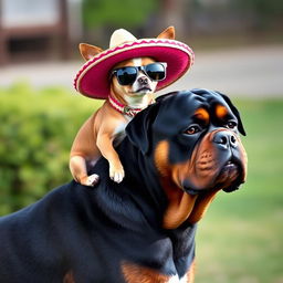 A small Chihuahua wearing stylish sunglasses and a vibrant sombrero, confidently sitting on the back of a robust Rottweiler