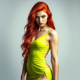 A captivating 22-year-old woman with vivid green eyes and long, fiery red hair stands confidently, showcasing her slim and sexy physique