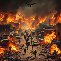 A dramatic film poster depicting a war-torn cityscape engulfed in flames