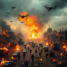 A dramatic film poster depicting a war-torn cityscape engulfed in flames