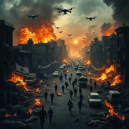 A dramatic film poster depicting a war-torn cityscape engulfed in flames