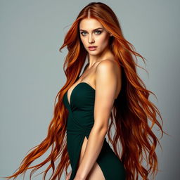 A stunning 22-year-old woman with vivid green eyes and long, fiery red hair displays her slim and sexy physique with confidence