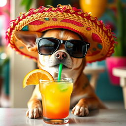 A playful Chihuahua wearing stylish sunglasses and a vibrant sombrero, sitting at a table and sipping a colorful cocktail through a straw