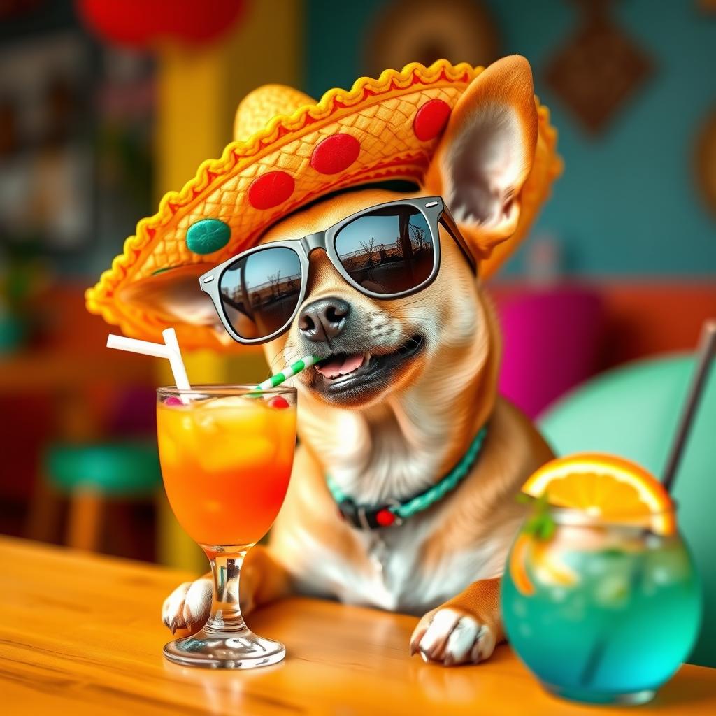 A playful Chihuahua wearing stylish sunglasses and a vibrant sombrero, sitting at a table and sipping a colorful cocktail through a straw