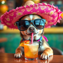 A playful Chihuahua wearing stylish sunglasses and a vibrant sombrero, sitting at a table and sipping a colorful cocktail through a straw