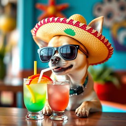 A playful Chihuahua wearing stylish sunglasses and a vibrant sombrero, sitting at a table and sipping a colorful cocktail through a straw