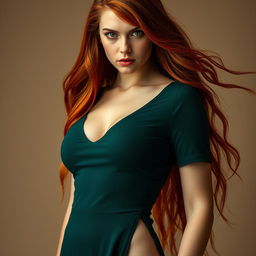 A striking 22-year-old woman with vivid green eyes and long, fiery red hair stands confidently, showcasing her slim and sexy physique