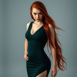 A striking 22-year-old woman with vivid green eyes and long, fiery red hair stands confidently, showcasing her slim and sexy physique