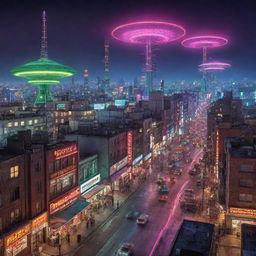 A vibrant atompunk cityscape, dominated by gleaming domed structures inspired by atomic models, space-age flying cars darting through the sky, and streamlined buildings with antennas emitting pulses of energy. The city thrives under the glow of neon lights and the hum of nuclear-powered devices.