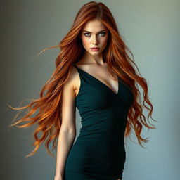 A striking 22-year-old woman with vivid green eyes and long, fiery red hair stands confidently, showcasing her slim and sexy physique