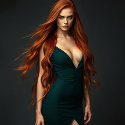 A striking 22-year-old woman with vivid green eyes and long, fiery red hair stands confidently, showcasing her slim and sexy physique