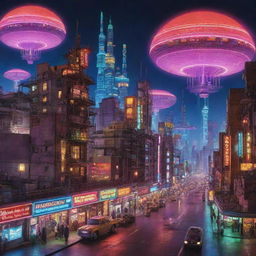 A vibrant atompunk cityscape, dominated by gleaming domed structures inspired by atomic models, space-age flying cars darting through the sky, and streamlined buildings with antennas emitting pulses of energy. The city thrives under the glow of neon lights and the hum of nuclear-powered devices.