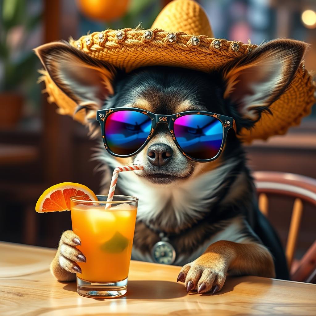 An ultra-realistic depiction of a Chihuahua wearing stylish sunglasses and a vibrant sombrero, seated at a table, sipping a colorful cocktail through a straw