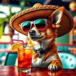 An ultra-realistic depiction of a Chihuahua wearing stylish sunglasses and a vibrant sombrero, seated at a table, sipping a colorful cocktail through a straw