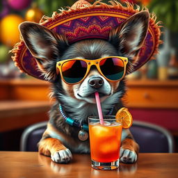 An ultra-realistic depiction of a Chihuahua wearing stylish sunglasses and a vibrant sombrero, seated at a table, sipping a colorful cocktail through a straw