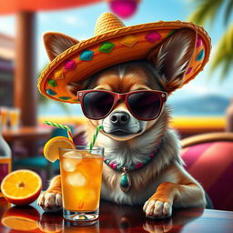 An ultra-realistic depiction of a Chihuahua wearing stylish sunglasses and a vibrant sombrero, seated at a table, sipping a colorful cocktail through a straw