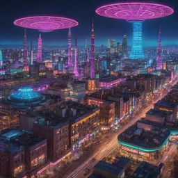 A vibrant atompunk cityscape, dominated by gleaming domed structures inspired by atomic models, space-age flying cars darting through the sky, and streamlined buildings with antennas emitting pulses of energy. The city thrives under the glow of neon lights and the hum of nuclear-powered devices.