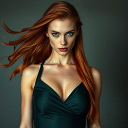 An alluring 22-year-old woman with striking green eyes and long, fiery red hair cascading down to her thighs, showcasing her slim and sexy physique