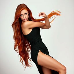 An alluring 22-year-old woman with striking green eyes and long, fiery red hair cascading down to her thighs, showcasing her slim and sexy physique