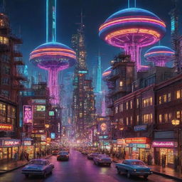 A vibrant atompunk cityscape, dominated by gleaming domed structures inspired by atomic models, space-age flying cars darting through the sky, and streamlined buildings with antennas emitting pulses of energy. The city thrives under the glow of neon lights and the hum of nuclear-powered devices.