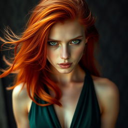 A striking 22-year-old woman with vivid green eyes and long, fiery red hair cascading down to her thighs, accentuating her slim and sexy figure