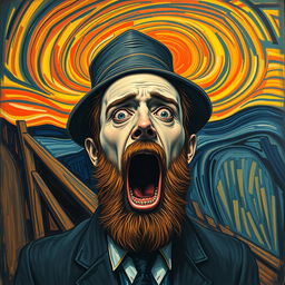 A Jewish man depicted in the style of Edvard Munch's "The Scream" composition, conveying an overwhelming sense of terror