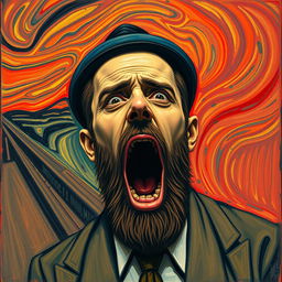 A Jewish man depicted in the style of Edvard Munch's "The Scream" composition, conveying an overwhelming sense of terror