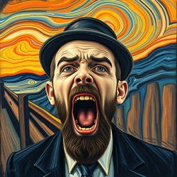 A Jewish man depicted in the style of Edvard Munch's "The Scream" composition, conveying an overwhelming sense of terror