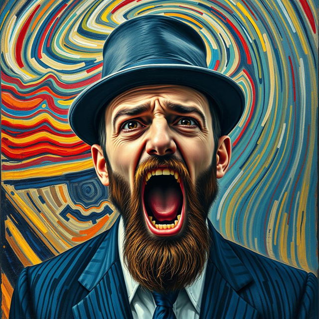 A Jewish man depicted in the style of Edvard Munch's "The Scream" composition, conveying an overwhelming sense of terror