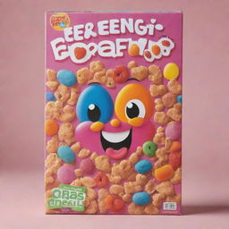 A cereal box designed for children filled with colorful, sugary cereal. The design should be lively and fun, with bright colors and cartoon mascots promoting a playful breakfast experience.