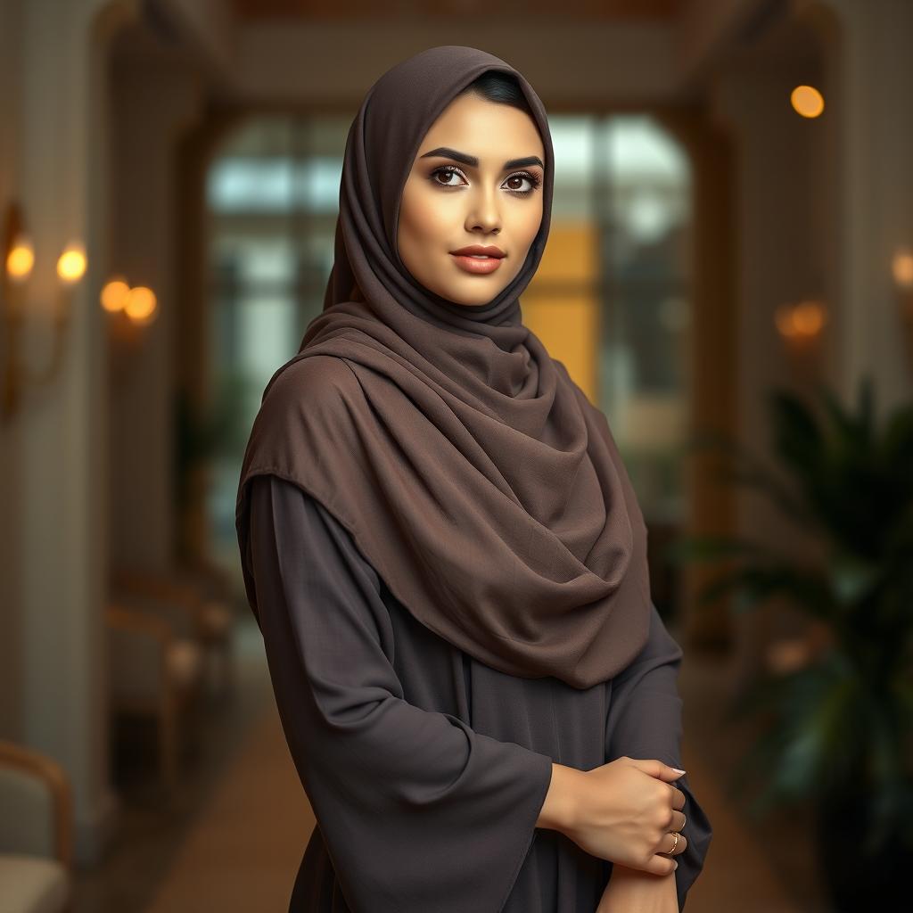 A beautiful woman wearing a hijab, with an emphasis on her elegance and confidence