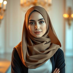 A beautiful woman wearing a hijab, with an emphasis on her elegance and confidence