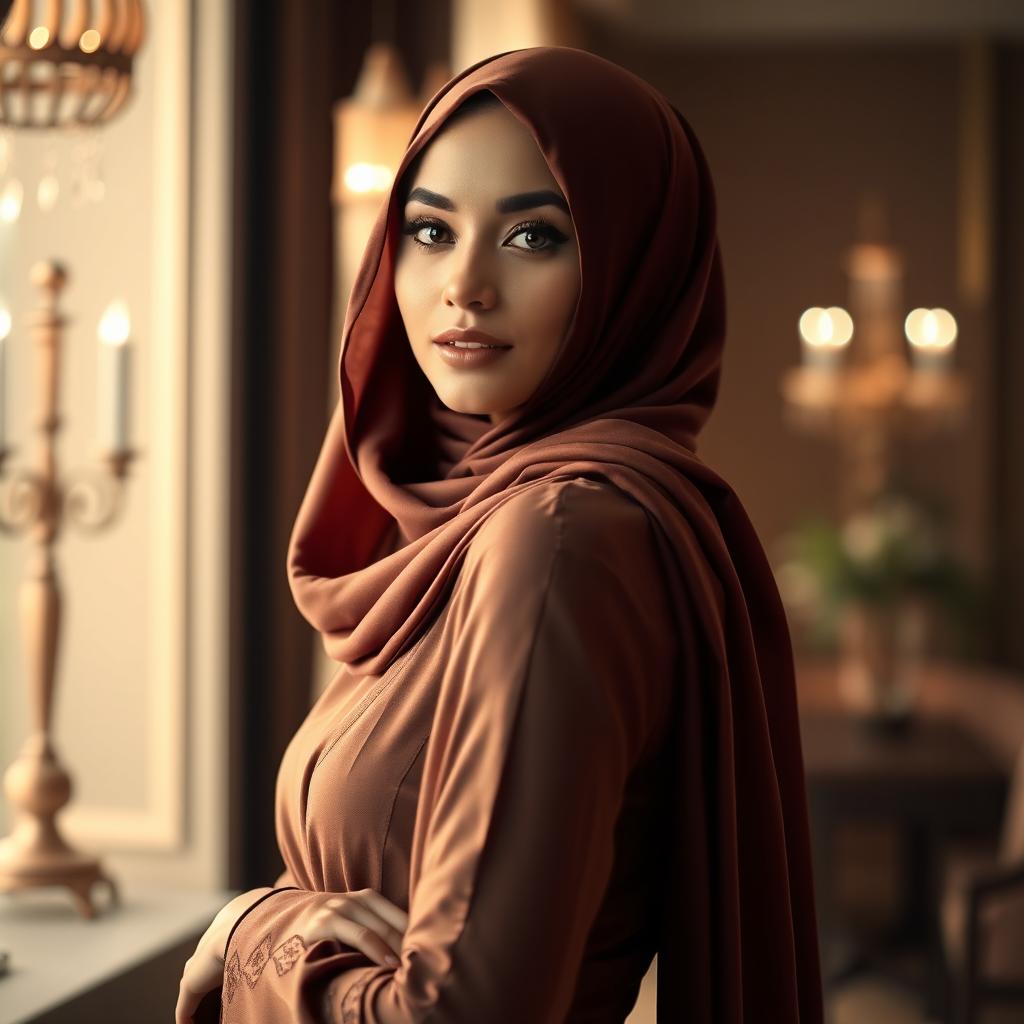 A beautiful woman wearing a hijab, with an emphasis on her elegance and confidence