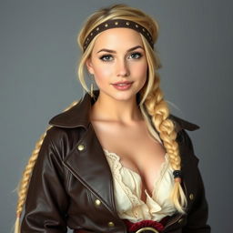 A charming young busty white college-girl with a blonde long braid, dressed in a pirate outfit including a leather pirate coat with buckles