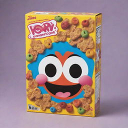 A cereal box designed for children filled with colorful, sugary cereal. The design should be lively and fun, with bright colors and cartoon mascots promoting a playful breakfast experience.