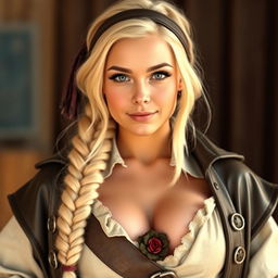 A charming young busty white college-girl with a blonde long braid, dressed in a pirate outfit including a leather pirate coat with buckles