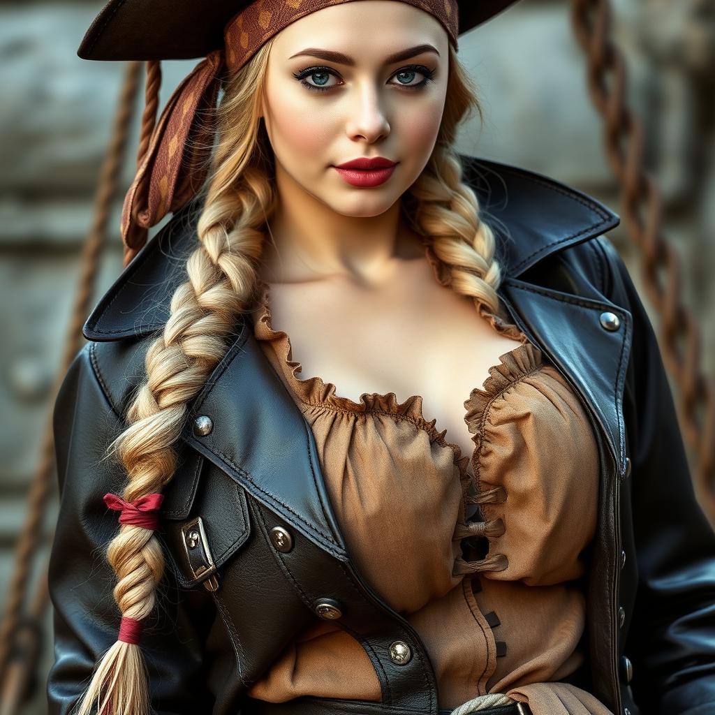 An alluring young busty white college-girl with a blonde long braid, elegantly dressed in a pirate outfit with a leather pirate coat featuring buckles