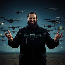 Hassan Nasrallah stands commandingly in an open field, surrounded by a swarm of drones flying in formation