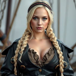 An alluring young busty white college-girl with a blonde long braid, elegantly dressed in a pirate outfit with a leather pirate coat featuring buckles