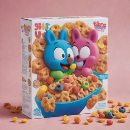 A cereal box designed for children filled with colorful, sugary cereal. The design should be lively and fun, with bright colors and cartoon mascots promoting a playful breakfast experience.