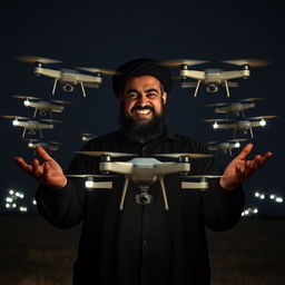 Hassan Nasrallah stands commandingly in an open field, surrounded by a swarm of drones flying in formation