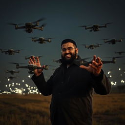 Hassan Nasrallah stands commandingly in an open field, surrounded by a swarm of drones flying in formation